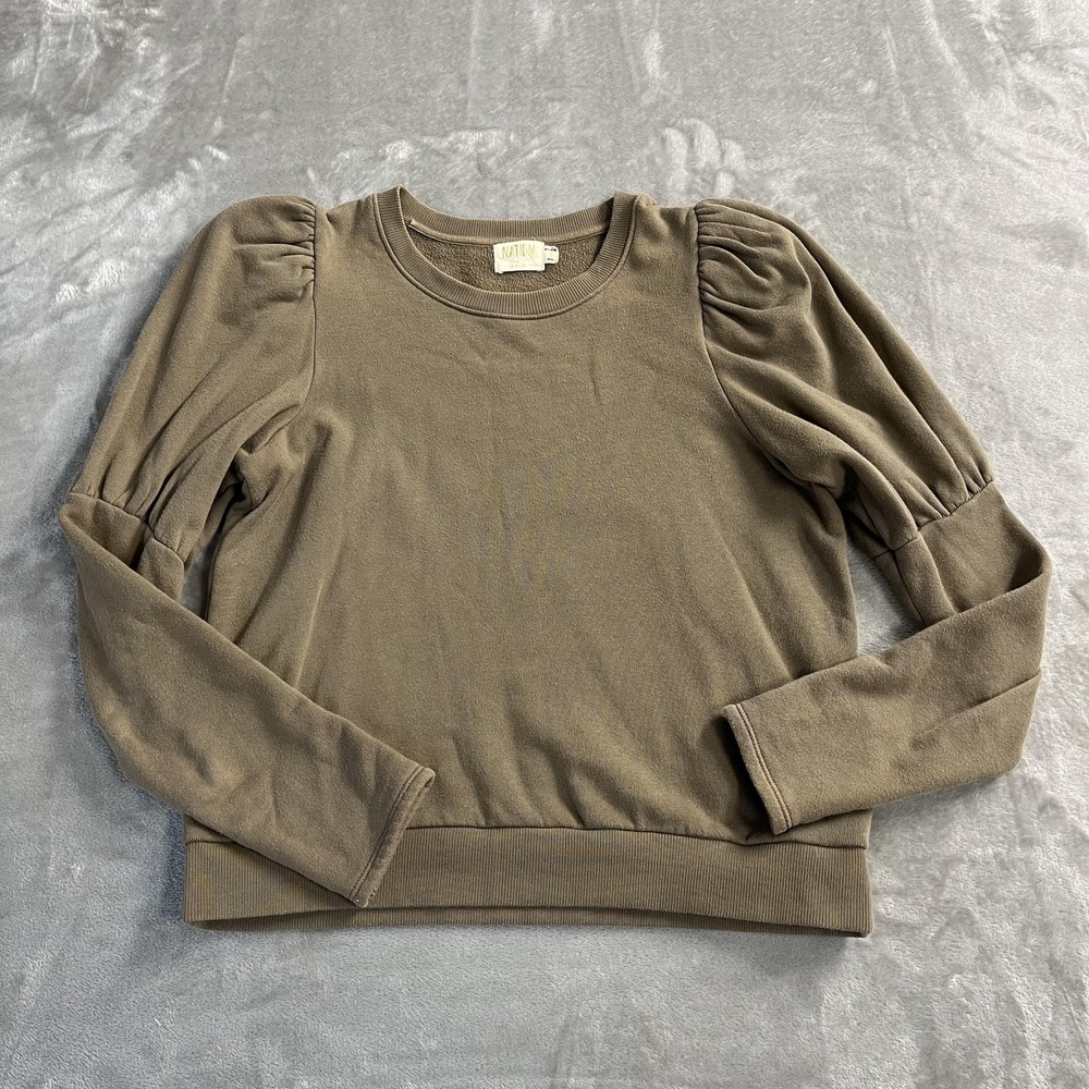 Nation LTD Sweater Womens Small Brown Puff Sleeve Fleece Crewneck Pullover‎